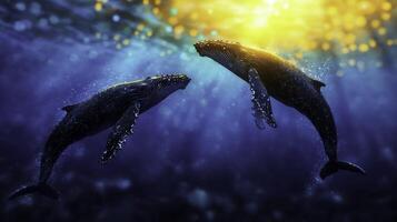 Humpback Whales Breaching Together in a Sunlit Ocean Scene photo