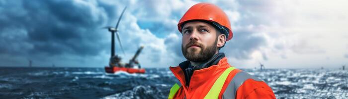 A man in an orange safety vest and hard hat standing in front of a wind turbine photo
