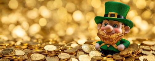 cheerful leprechaun figurine surrounded by shiny gold coins, symbolizing luck and prosperity photo