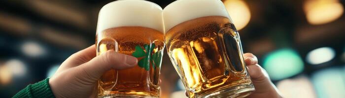 Cheers with two frothy beers in lively pub atmosphere photo