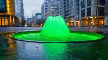 vibrant green fountain in city square, surrounded by modern buildings photo