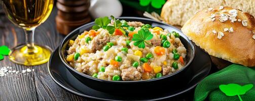 Delicious Irish stew with vegetables and bread, perfect for cozy meal photo