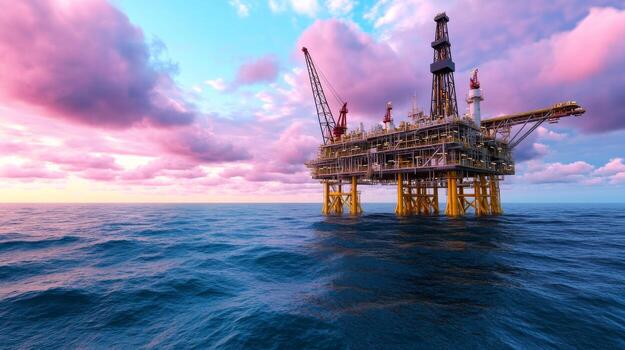 An oil platform in the ocean with a sunset photo