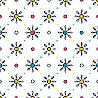 Seamless pattern with colorful flowers and dots on white background. vector