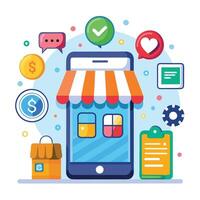 Mobile phone with online shop interface, surrounded by icons representing payments, messages, and a checklist. vector