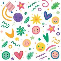 Colorful, Abstract Pattern with Faces, Flowers, and Shapes vector
