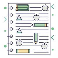 Spiral notebook page with apples, pencils, and geometric shapes. vector