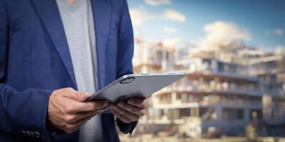 Man with Tablet in Construction Site Showing Business and Technology photo