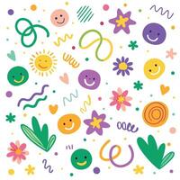 happy smiley faces and flowers in a colorful pattern vector