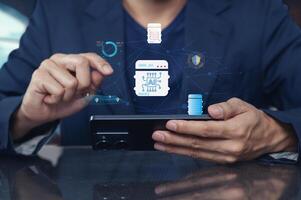 Business Professional Analyzing Data on Smartphone with Graphics photo