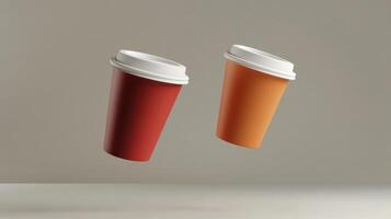 Two Paper Coffee Cups with White Lids, Red and Orange photo