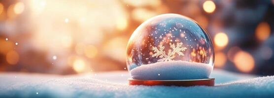 Snow Globe with Snowflake and Golden Bokeh on Snow photo
