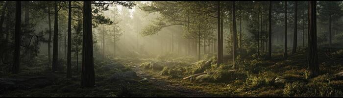 A Path Through a Misty Forest at Dawn photo