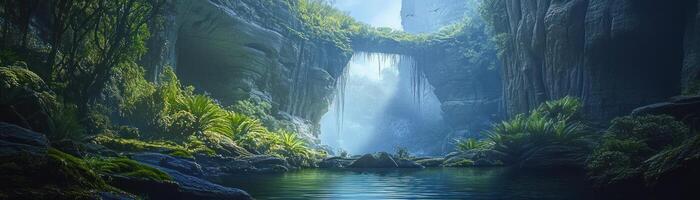 A Tranquil Forest Pool Surrounded by Moss-Covered Cliffs and a Waterfall photo