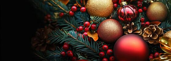 Close-up of red and gold Christmas ornaments, pine branches, and red berries photo