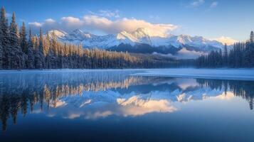 Snow-Covered Mountain Range Reflected in a Still Lake at Dawn photo