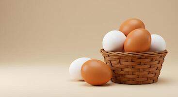 Brown and White Eggs in a Rustic Woven Basket on Beige Background, Simple Still Life Photography photo