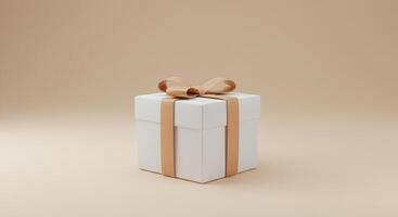 Elegant White Gift Box with Beige Ribbon on Beige Background A Minimalist Present Concept for Festive Occasions photo