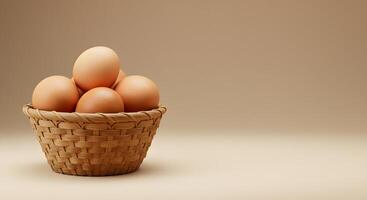 A Basket of Fresh Brown Eggs on a Beige Background Studio Shot photo