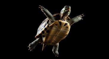 A Stunning Close-Up Photograph of a Turtle in Mid-Air Against a Black Background, showcasing its Unique Shell Pattern and Claws photo