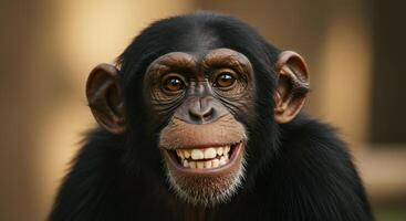 A Close-Up Portrait of a Smiling Chimpanzee Revealing its Captivating Expression and Unique Features photo