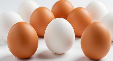A Close-Up View of Brown and White Eggs Arranged in a Pattern on a White Surface photo
