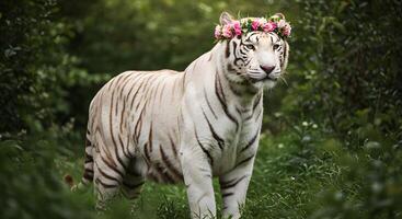 Majestic White Tiger Adorned with a Floral Crown in Lush Greenery photo