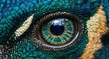 Magnificent Close-Up of a Bird's Eye Teal and Gold Feather Details photo