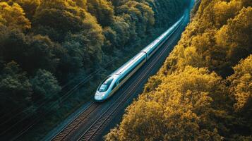 High-Speed Train Traveling Through a Lush Forest photo