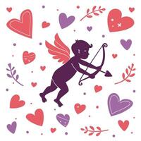 Cupid with hearts and leaves pattern vector