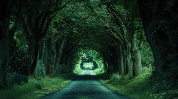 A Serene Pathway through a Lush Green Canopy of Trees photo