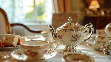 Elegant table setting for tea party with cakes and cupcakes in English manor. Vintage style. photo