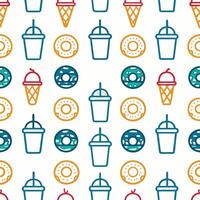 Seamless pattern of ice cream cones, donuts, and drinks. vector