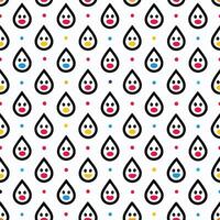 Seamless pattern of cute cartoon raindrops with colorful faces and dots on white background. vector