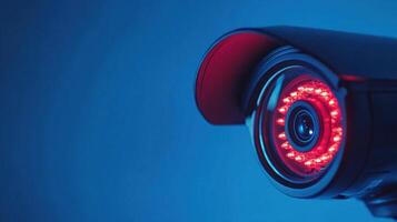 Security Camera with Red Infrared LEDs on Blue Background photo