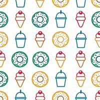 Seamless pattern of ice cream cones, donuts, and buckets. vector