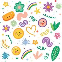 Cute, Colorful Abstract Pattern with Flowers, Shapes, and Faces vector