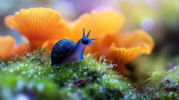 Blue Snail on Mossy Ground with Orange Mushroom Background photo