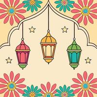 Three colorful hanging lanterns with floral design. vector