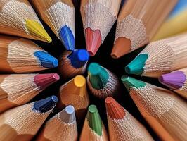 Colorful pencils arranged in a circle showcase vibrant tips under bright natural light in an artistic display photo