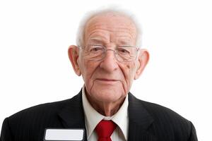 Elderly hotel chain owner with name tag posing in formal attire against white background photo