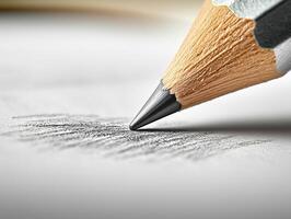 Sharp graphite tip creating fine lines on textured paper illuminated by soft light photo