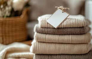 Stylish stack of cashmere sweaters in neutral tones with an empty tag for custom branding photo
