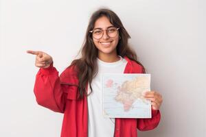 Young South Asian meteorologist engages audience with map presentation while smiling enthusiastically photo