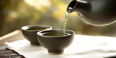 Green tea is poured into a Japanese cup, creating a calming moment on a linen tablecloth photo
