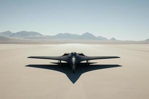 Minimalist side profile of a black jet stationed on an empty desert airstrip with distant mountains under heat haze photo