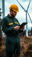 Engineer pointing to wind turbine while using tablet in green uniform and yellow helmet on cloudy day photo