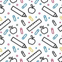 Seamless pattern of apples, pencils, rulers, and colorful stationery on white background. vector