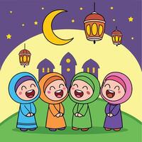 three muslim children are singing in front of a mosque vector