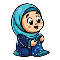 Smiling girl in hijab, folding a patterned cloth vector
